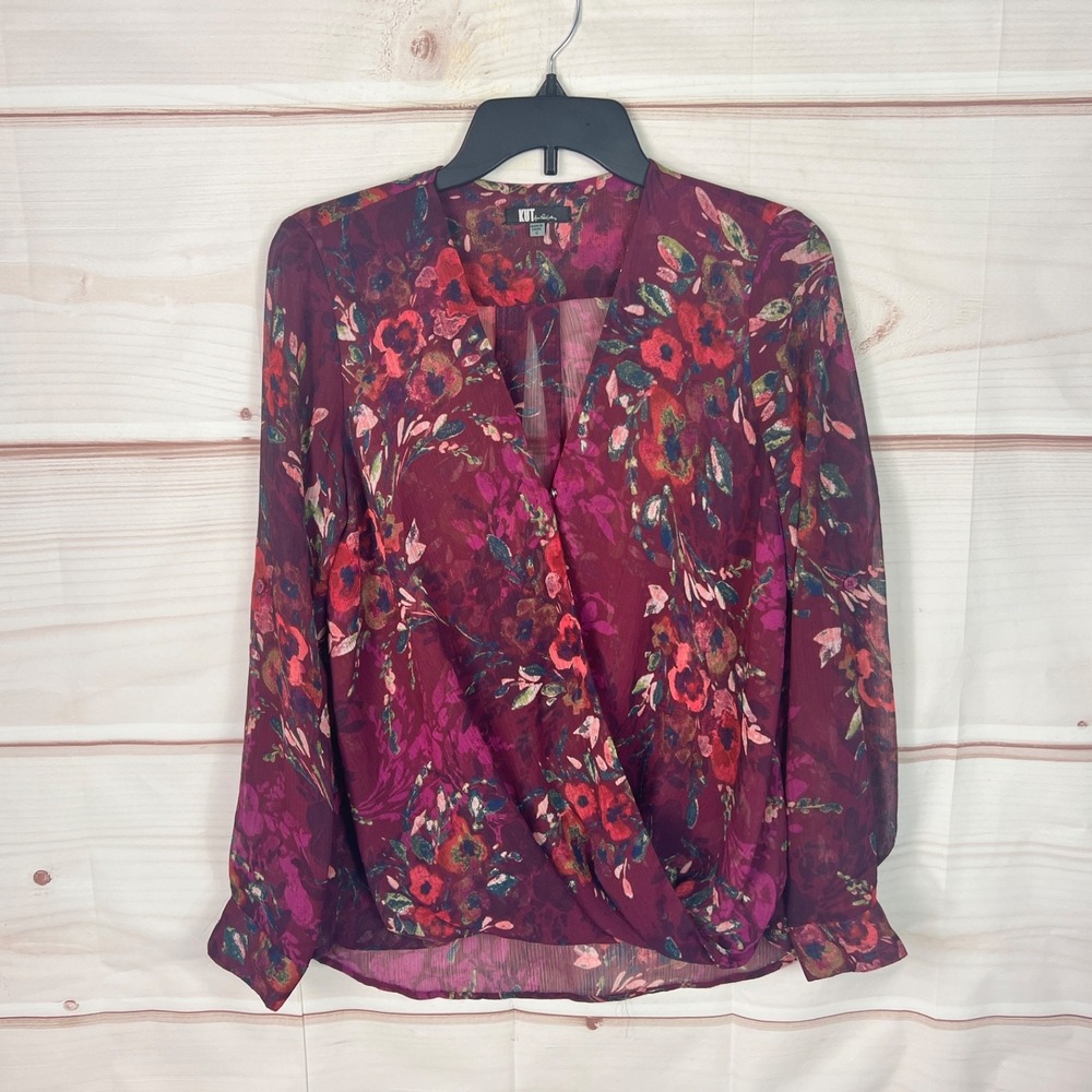 Kut from The Kloth Top Womens Small Purple Floral Blouse Faux Wrap Semi Sheer